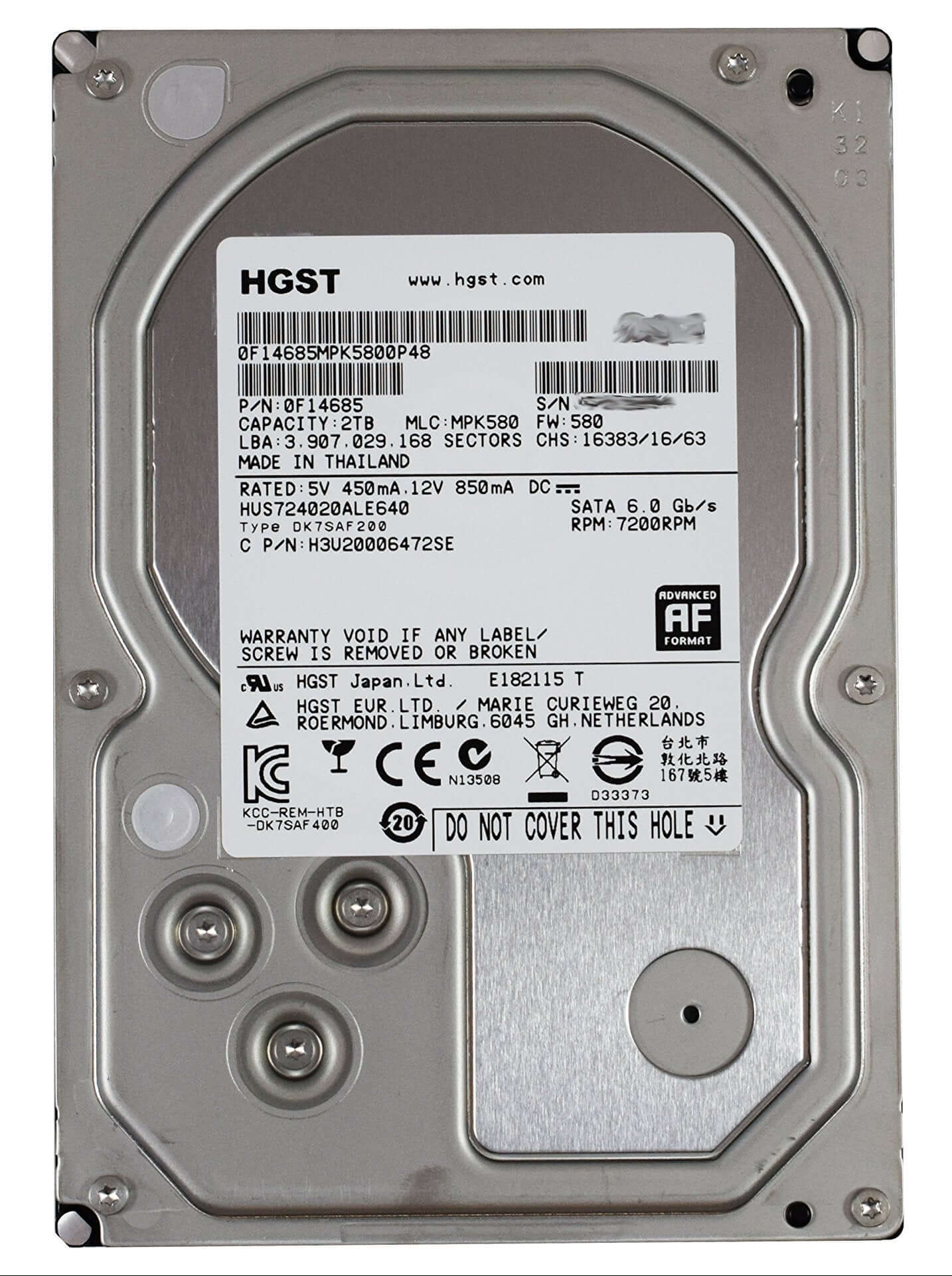 0F14685 HUS724020ALE640 HGST 2TB 7.2K RPM 6Gb/s 3.5" SATA Hard Drive