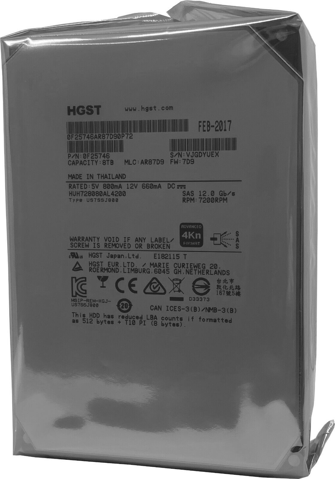 HGST Ultrastar He8 HUH728080AL4200 0F25746 8TB 7.2K RPM SAS 12Gb/s 4Kn 3.5in Hard Drive