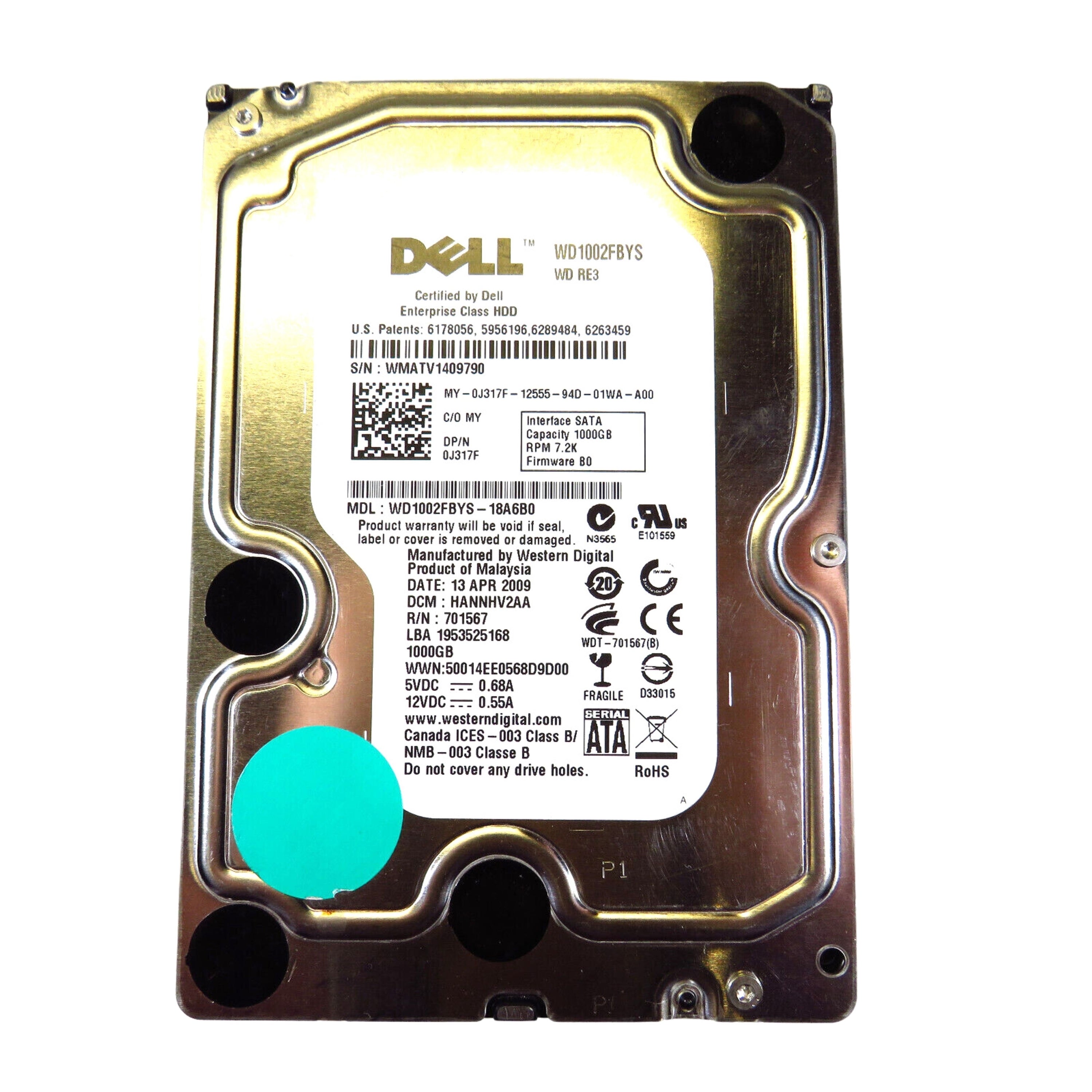 Dell J317F 3.5" 1TB 7200RPM SATA II Hard Disk Drive (HDD), Silver (Refurbished)