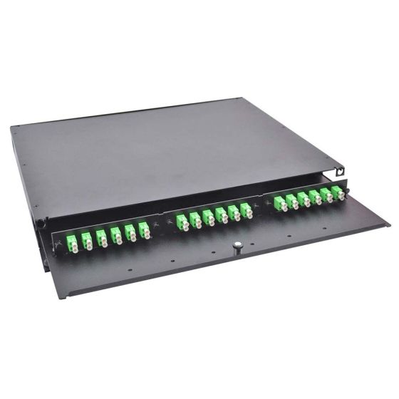 Rack Mount Enclosure 1RU Loaded with 3 Duplex LC/APC Plates Pigtails & Splice Trays Black