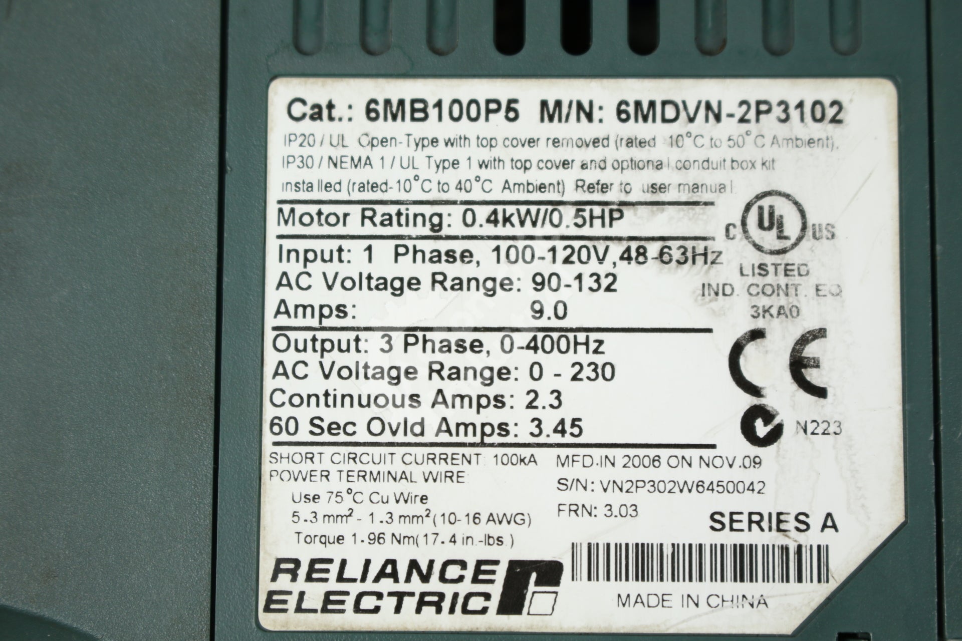 Reliance Electric 6MDVN-2P3102 6MB100P5 0.5HP 120VAC 50/60Hz MD65 Brushless Motor Controller