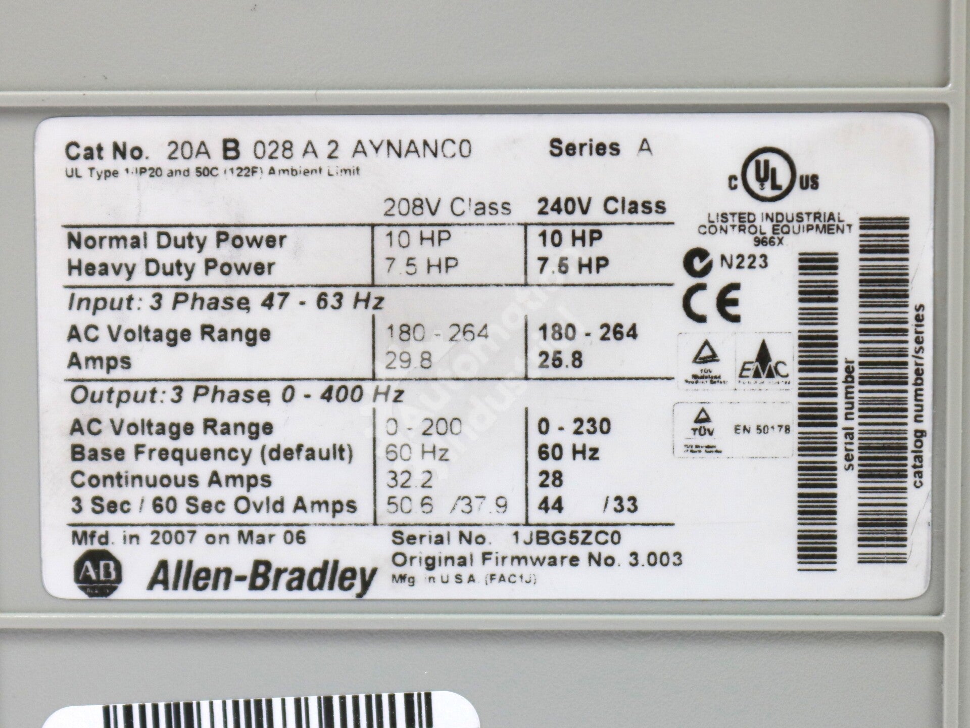 20AB028A2AYNANC0 By Allen Bradley 240V 10HP 60Hz Adjustable Frequency AC Drive