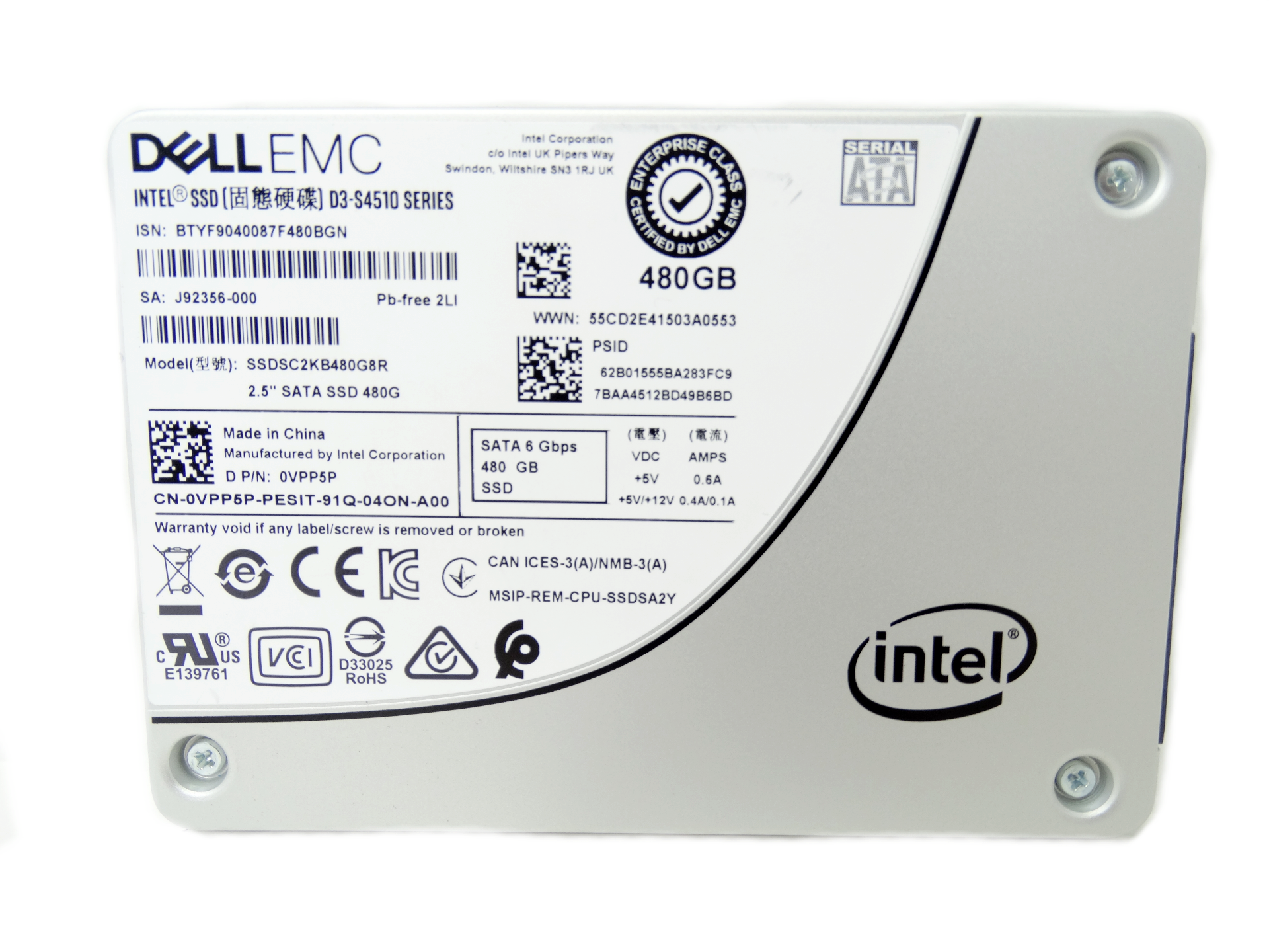 Dell 480GB 6GB/s SATA 2.5'' SSD Solid State Drive (SSDSC2KB480G8R)