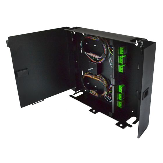 Wall Mount Enclosure 2 Panel Deluxe Loaded with 2 Duplex SC OM3 Plates Pigtails & Splice Trays Black