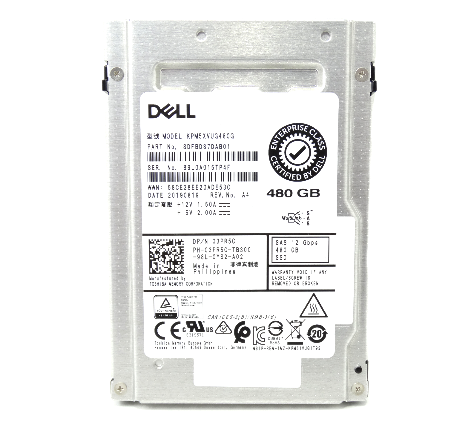 Dell 480GB SAS 12G SFF 2.5'' SSD Toshiba PM5 KPM5XVUG480G 03PR5C 3PR5C
