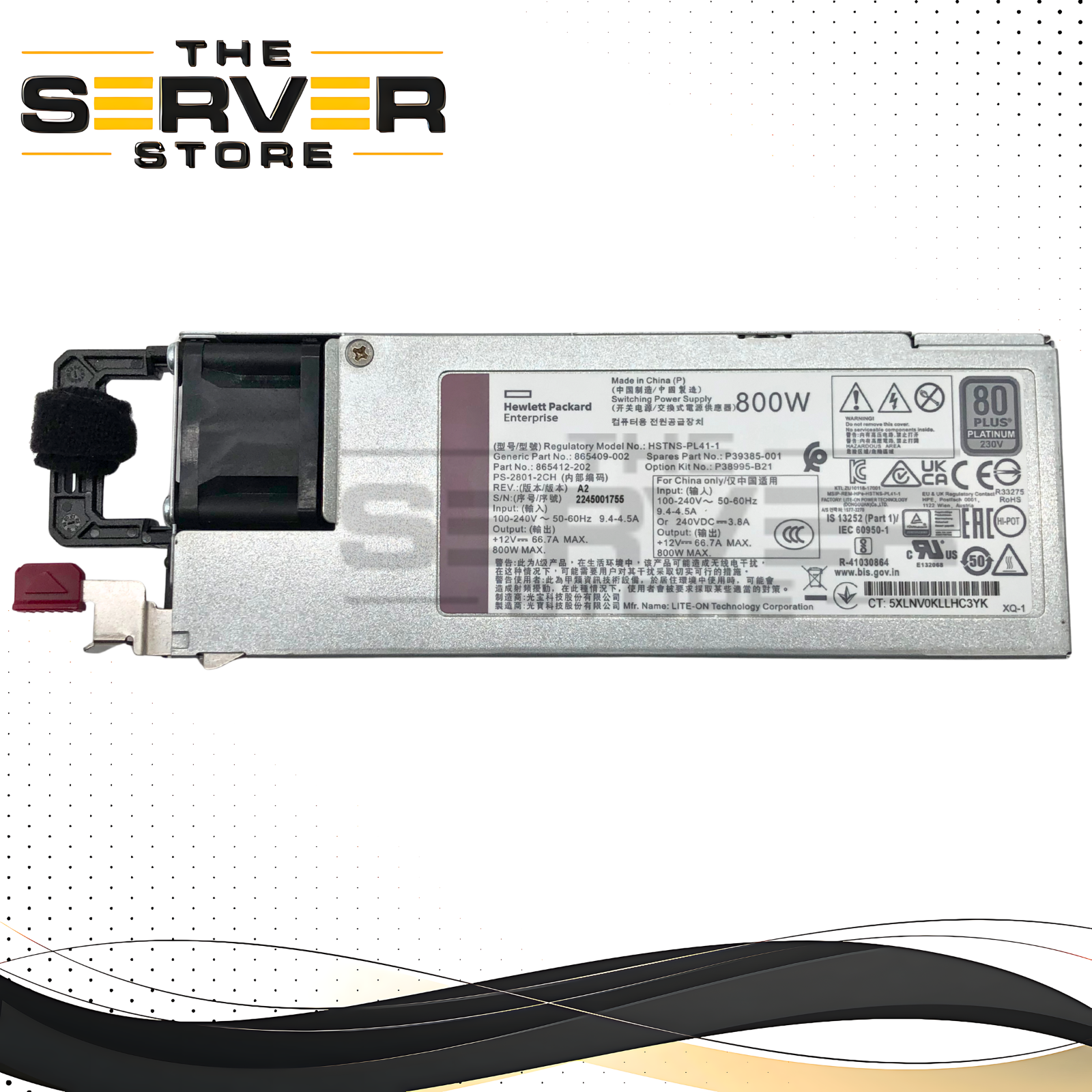 HPE 800W 80+ Platinum Flex Slot Hot-Swap Redundant Power Supply for ProLiant Gen9 & Gen10 Servers. P/N: P39385-001.