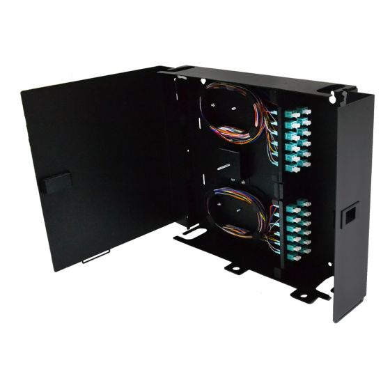 Wall Mount Enclosure 4 Panel Deluxe Loaded with 4 Duplex LC OM3 Plates Pigtails & Splice Trays Black