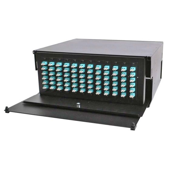 Rack Mount Enclosure 4RU Loaded with 12 Duplex LC OM3 Plates Pigtails & Splice Trays Black