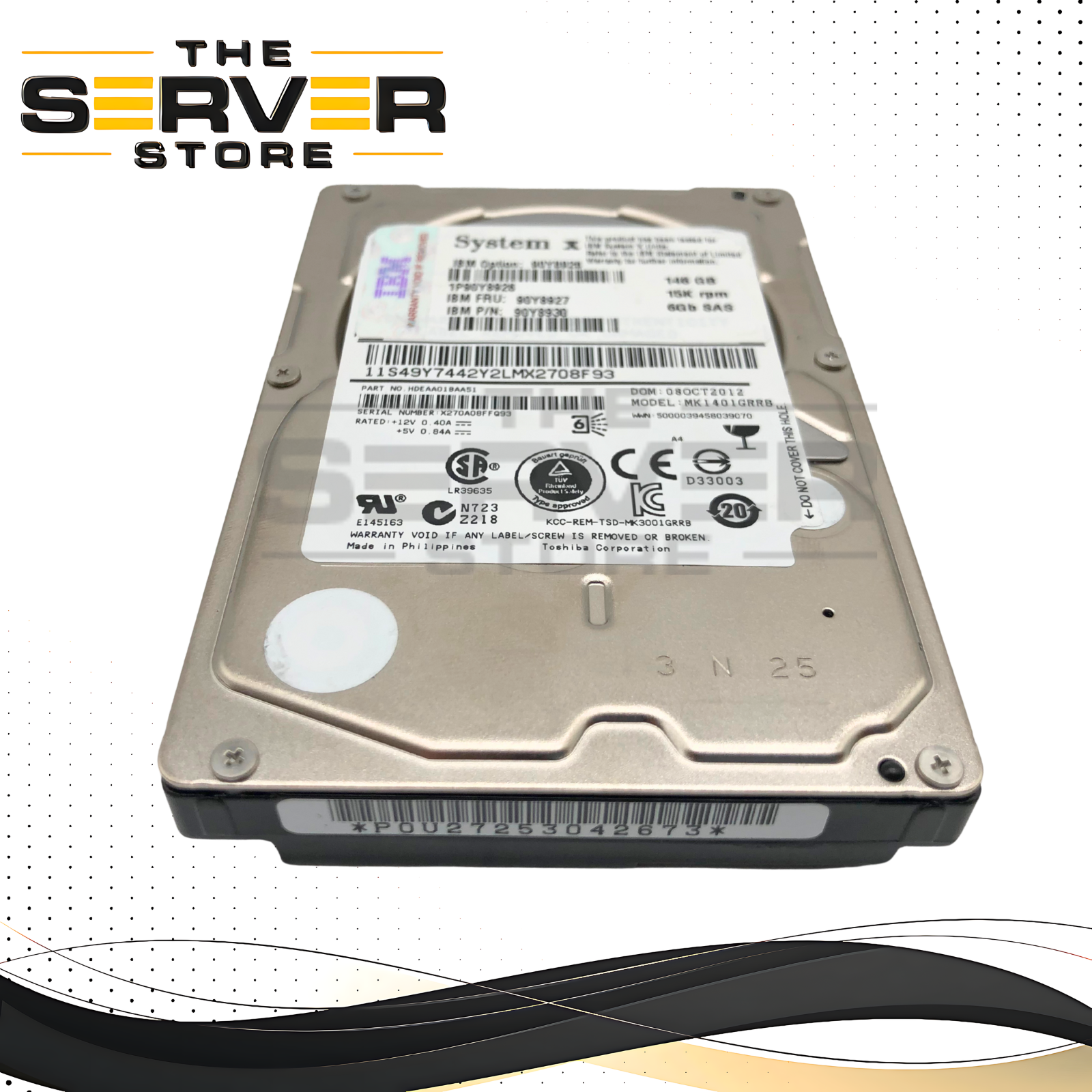 IBM Toshiba 146GB 15000RPM 6Gb/s SAS 2.5-inch SFF Enterprise Hard Disk Drive for System x Servers. P/N: HDEAA01BAA51, MK1401GRRB, 90Y8926, 90Y8930, 90Y8927.