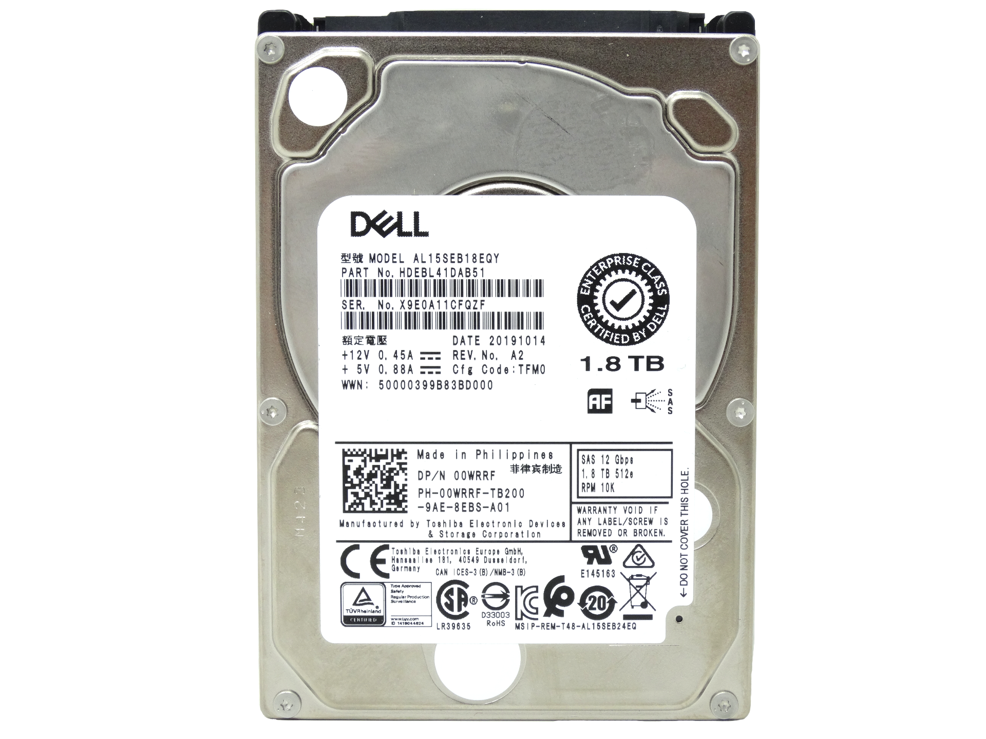 Dell 1.8TB 10K RPM SAS 12Gbps 512e 2.5'' HDD Hard Drive (AL15SEB18EQY)