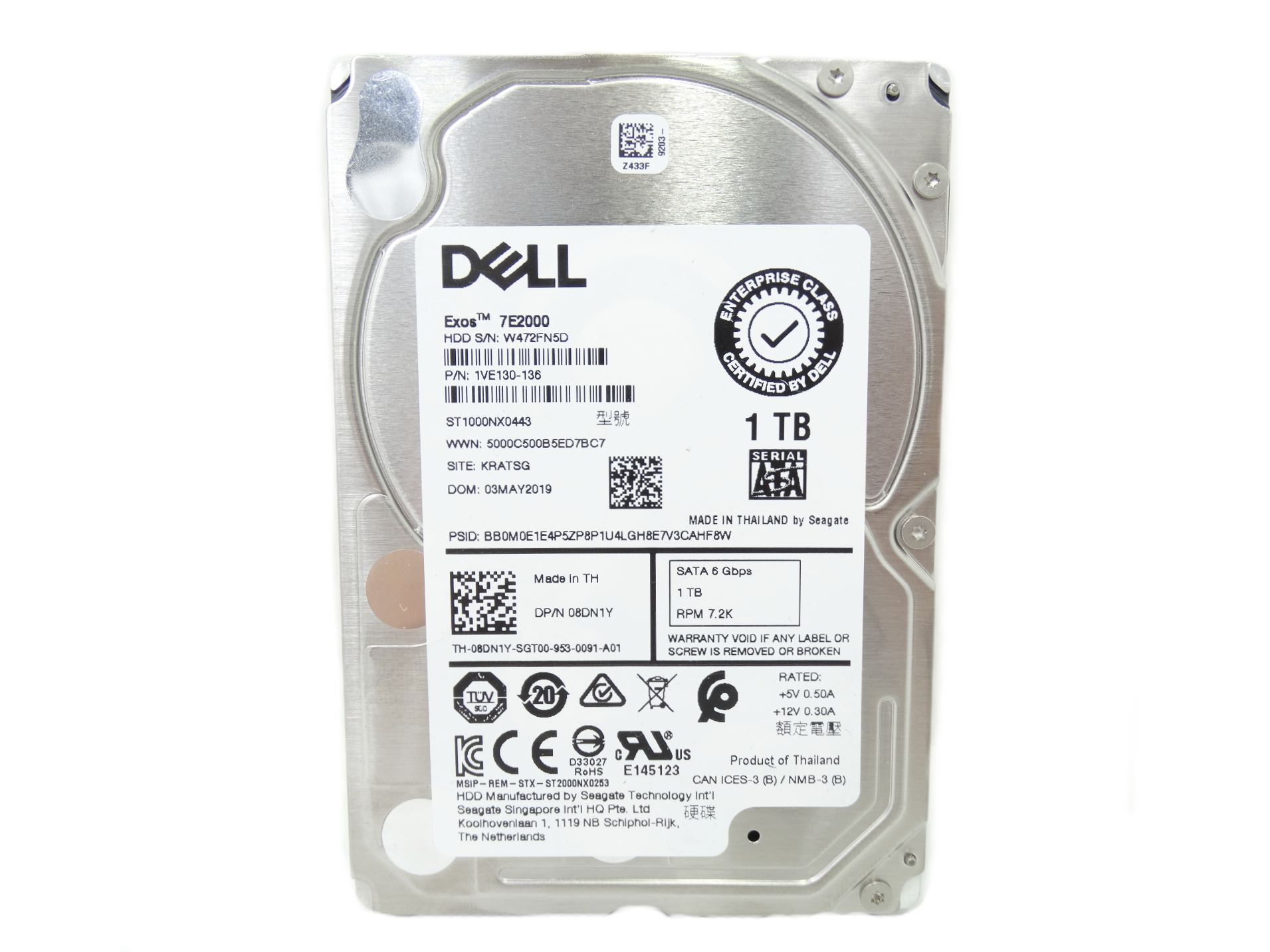 Dell 1TB 7.2K RPM SATA 6GB/s 2.5'' HDD Hard Drive (8DN1Y)