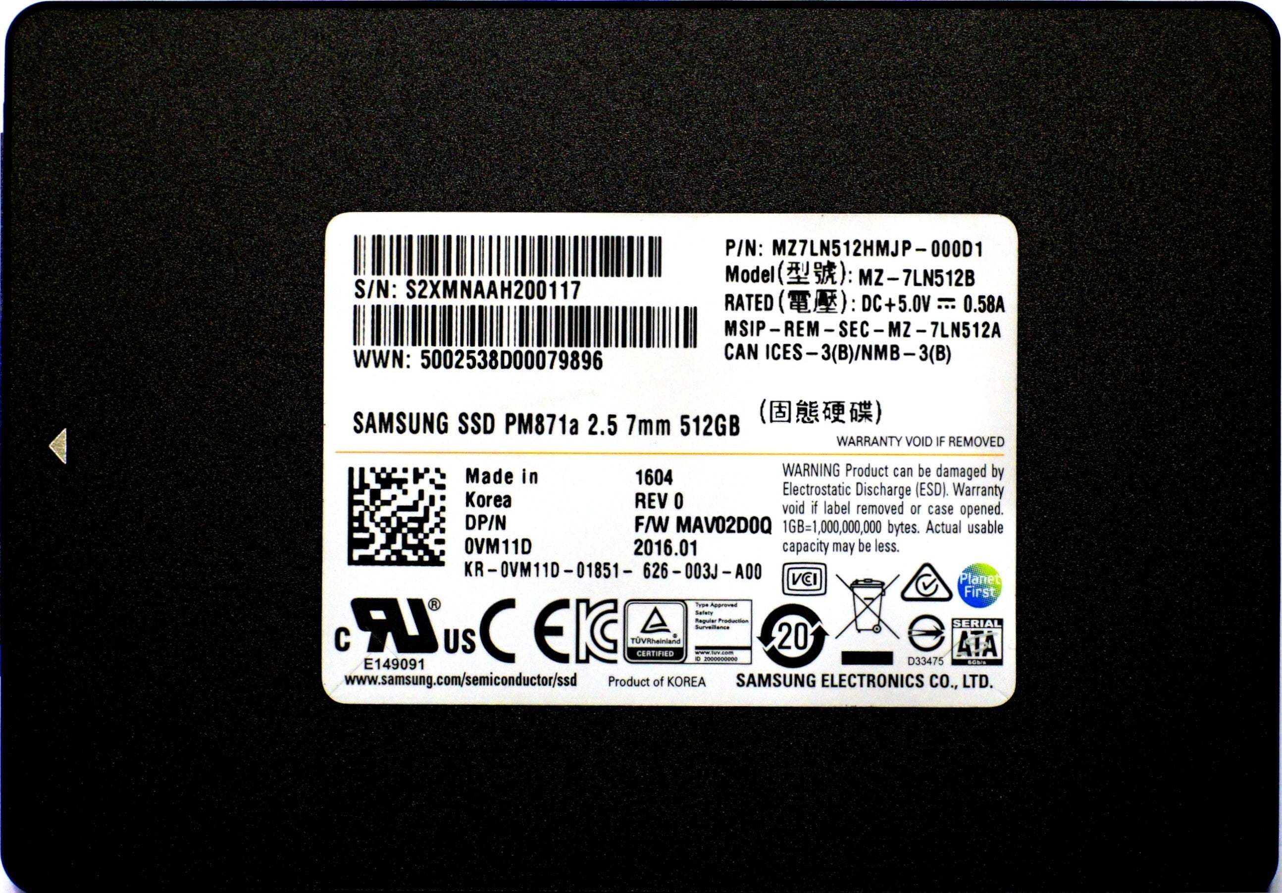 Dell Samsung PM871a 512GB MLC SATA 6Gbps 2.5'' Solid State Drive SSD (0VM11D)