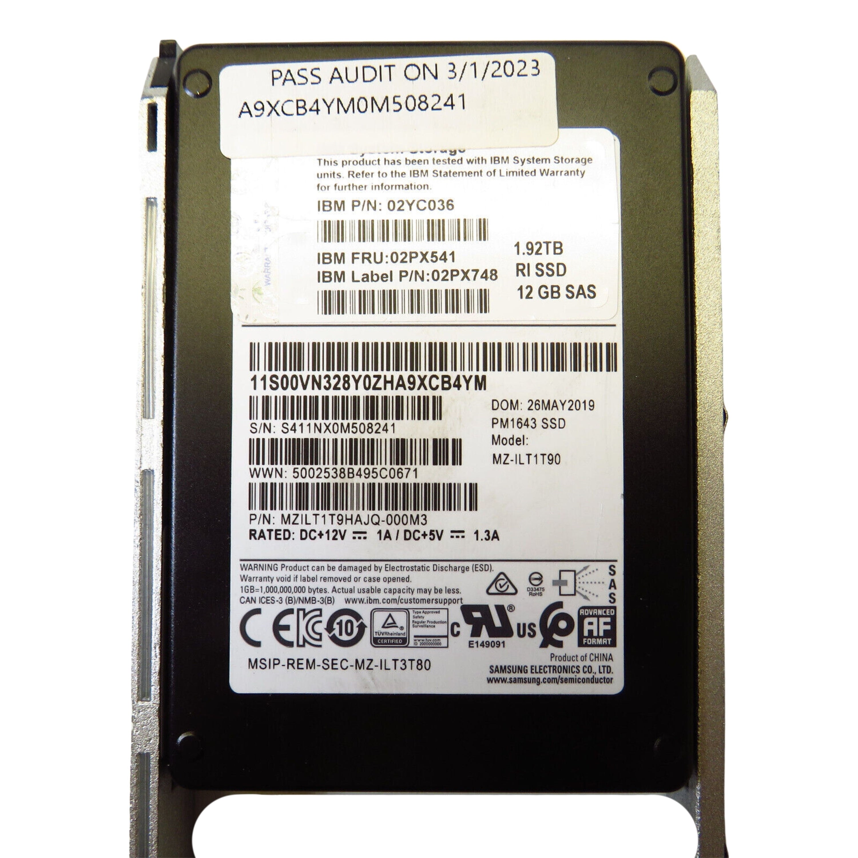 IBM 02PX541 02YC036 PM1643 1.92TB 2.5" SAS 12Gbps RI SSD Solid State Drive (Refurbished)
