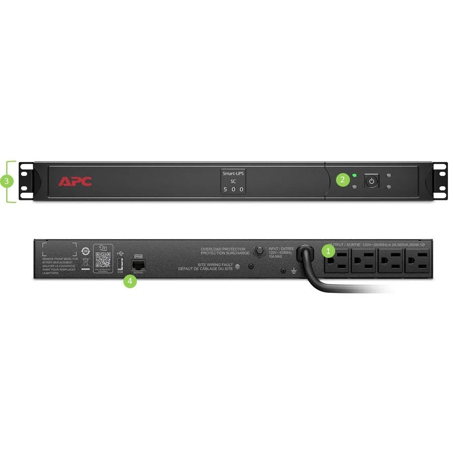 APC Smart-UPS, Line Interactive, 500VA, Rackmount 1U, 120V, 4x NEMA 5-15R outlets, Short Depth