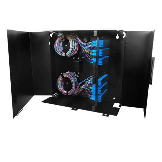 Wall Mount Enclosure 8 Panel Deluxe Loaded with 8 Duplex SC/APC Plates Pigtails & Splice Trays Black