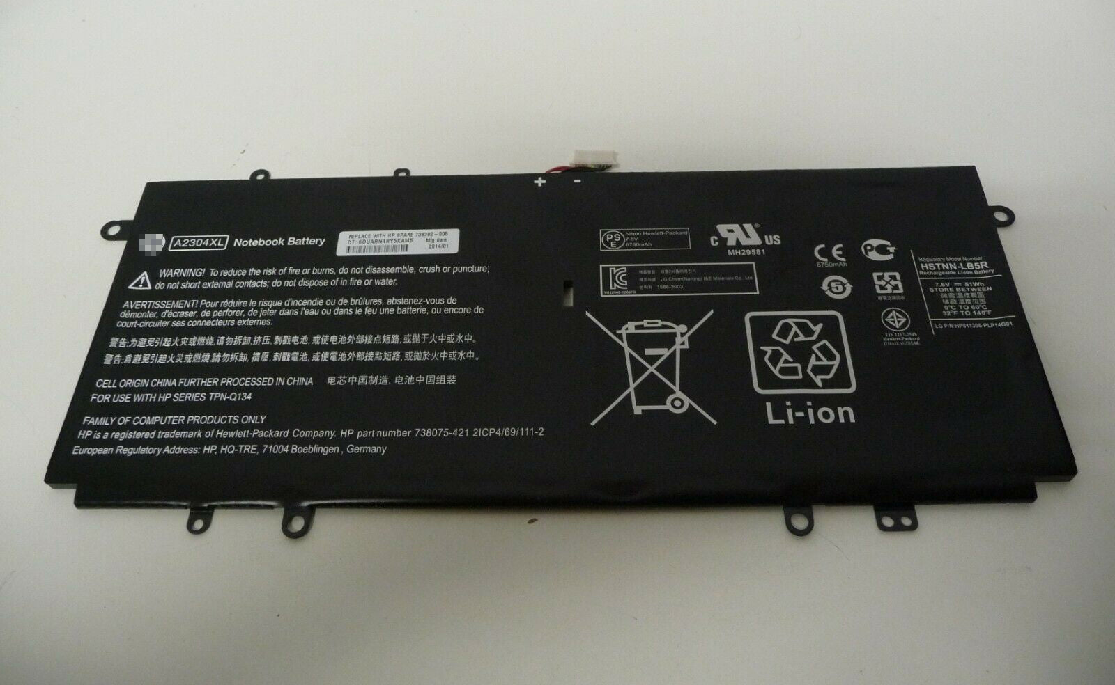 Hp A2304XL HSTNN-LB5R 738392-005 14-Q 14-Q010NR 14-Q020NR 51Wh Battery