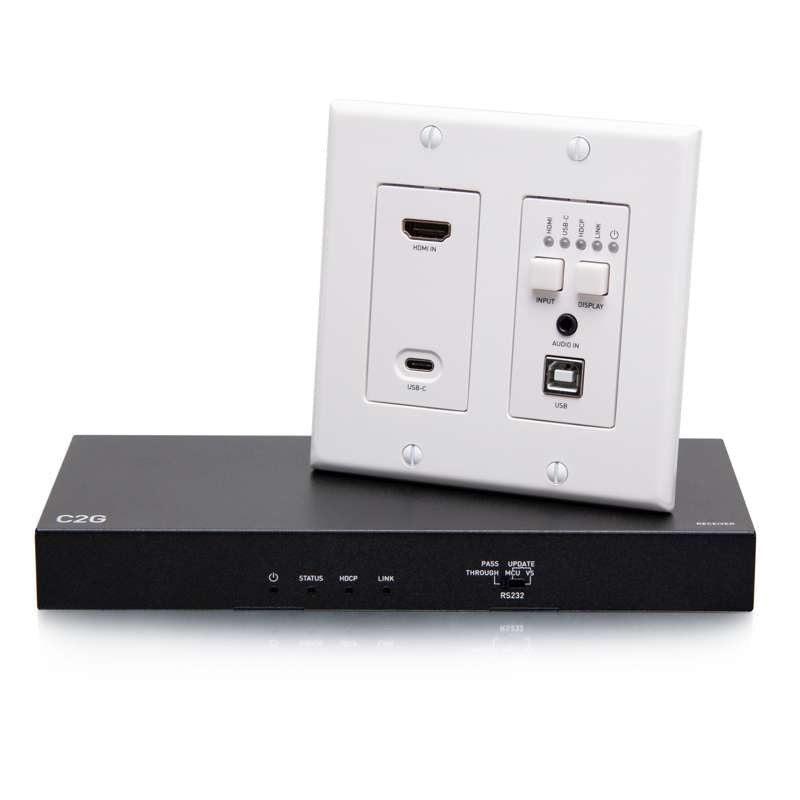 Cables To Go HDMI HDBaseT + USB-C, 3.5mm, and USB-B to A over Cat Extender Wall Plate Transmitter to Box Receiver - 4K 60Hz