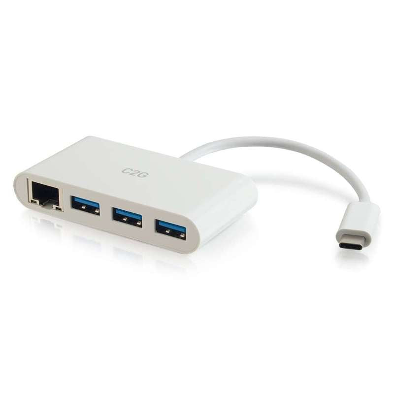 Cables To Go USB-C to Ethernet Adapter with 3-Port USB Hub - White