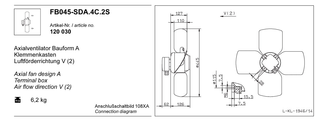 FB045-SDA.4C.2S ZIEHL-ABEGG Axial Fan 0.23/0.14kW 3~400V 0.56/0.30A 885/600rpm