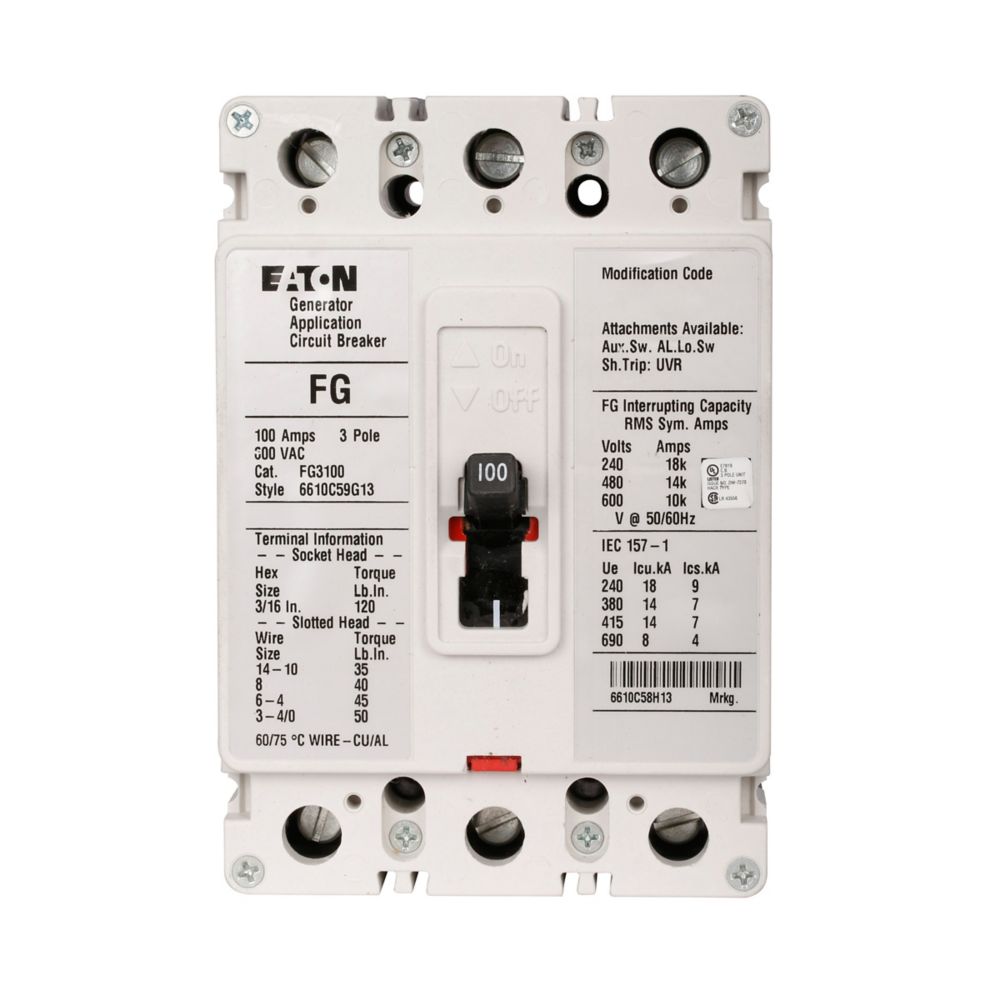 FG3110S02 | Eaton 110A 3-Pole EG Frame Thermal-Magnetic Circuit Breaker