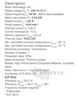 FN035-4EH.0F.V7P2 ZIEHL-ABEGG Axial Fan 230W 230V 1.05A 1410rpm