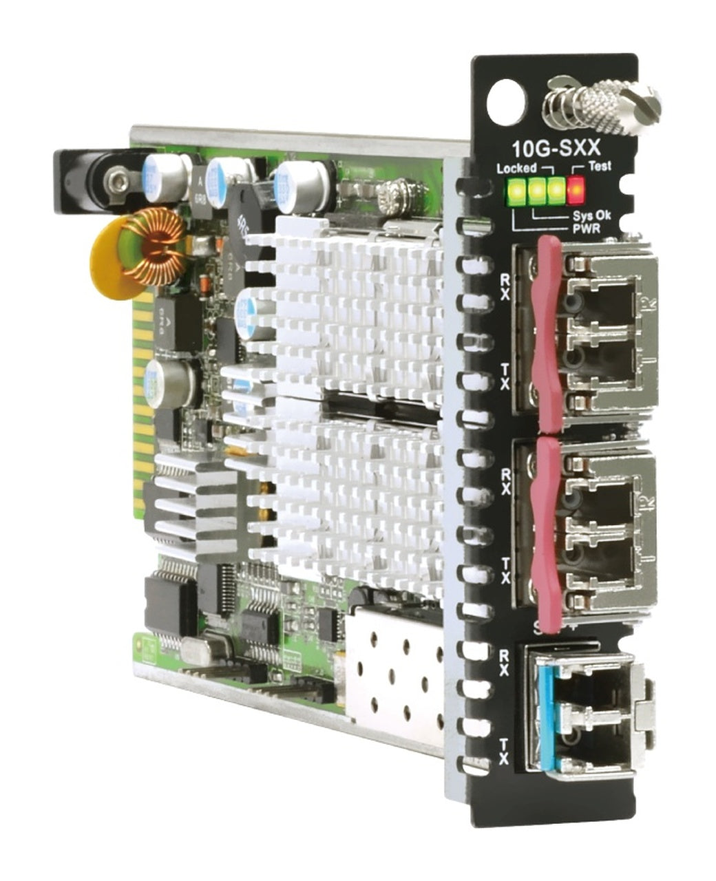 10G rate three slot (SFP+ & XFP) managed converter (transponder) w/ optical protection channel and tunable XFP support. No casing - card only.