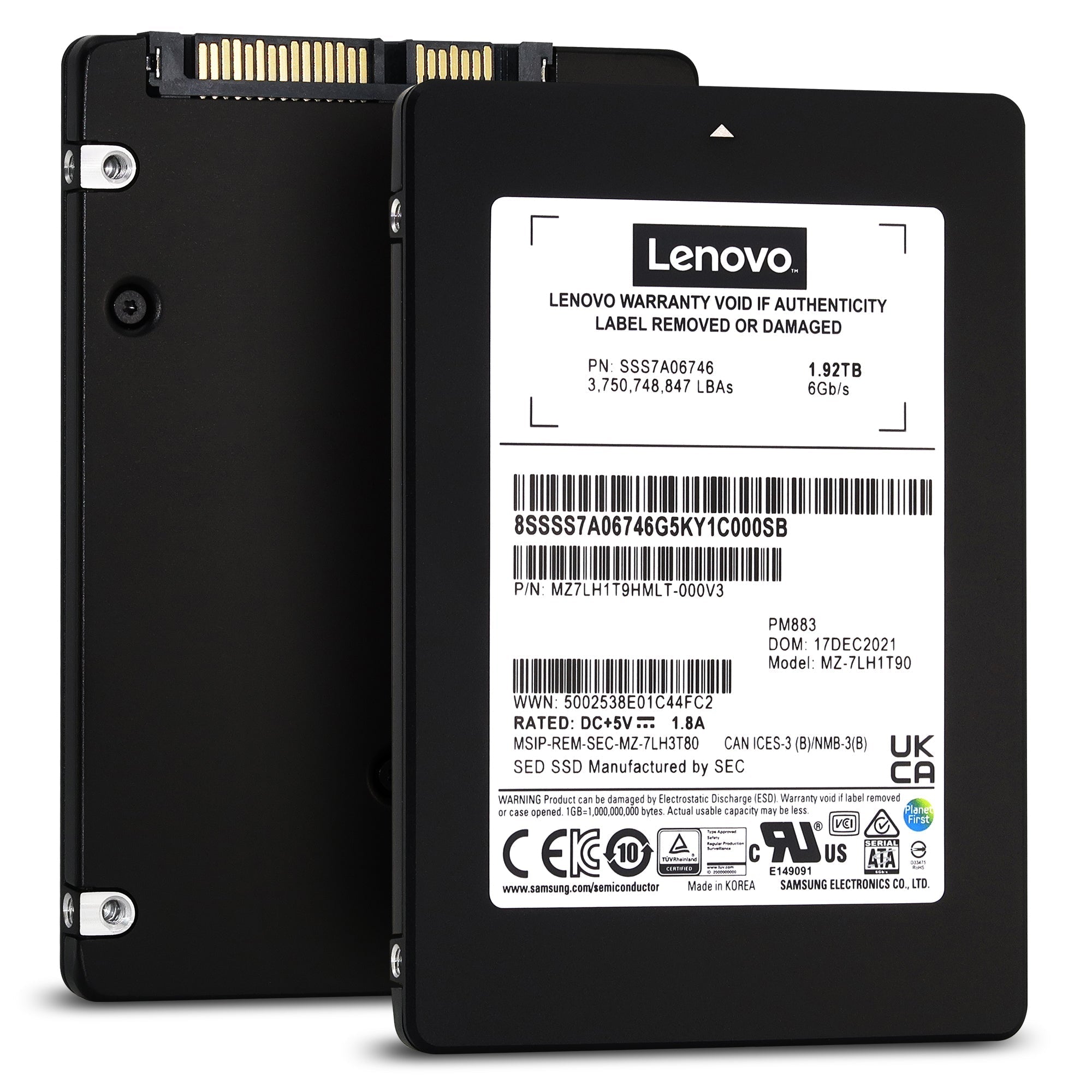 Lenovo / Samsung PM883 MZ7LH1T9HMLT SSS7A06746 1.92TB SATA 6Gb/s 3D TLC 1.3DWPD 2.5in Solid State Drive