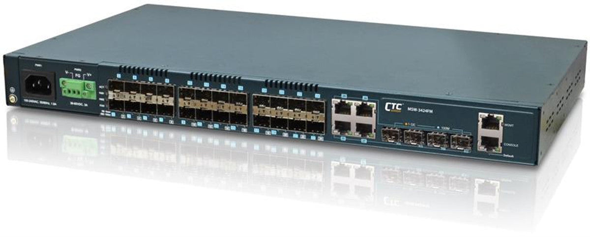 GSW-3424FM - Gigabit Ethernet 24 SFP ports with 4x 1G/10G SFP+ uplink ports, Layer 2 managed switch, dual redundant AC and DC48 power, rack 19"