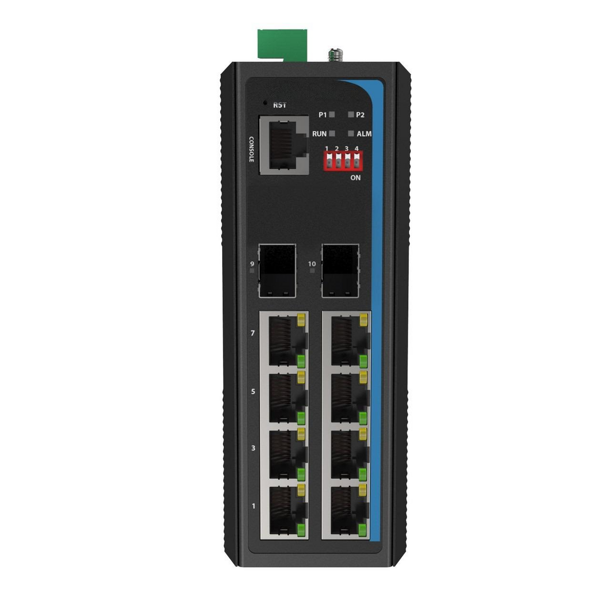 HGW-802SM-BT - 8x RJ45 + 2x SFP ports Gigabit Ethernet Managed PoE++ (802.3bt) Industrial fiber switch 480W total power, DIN rail mount, -40 to +75 Celsius