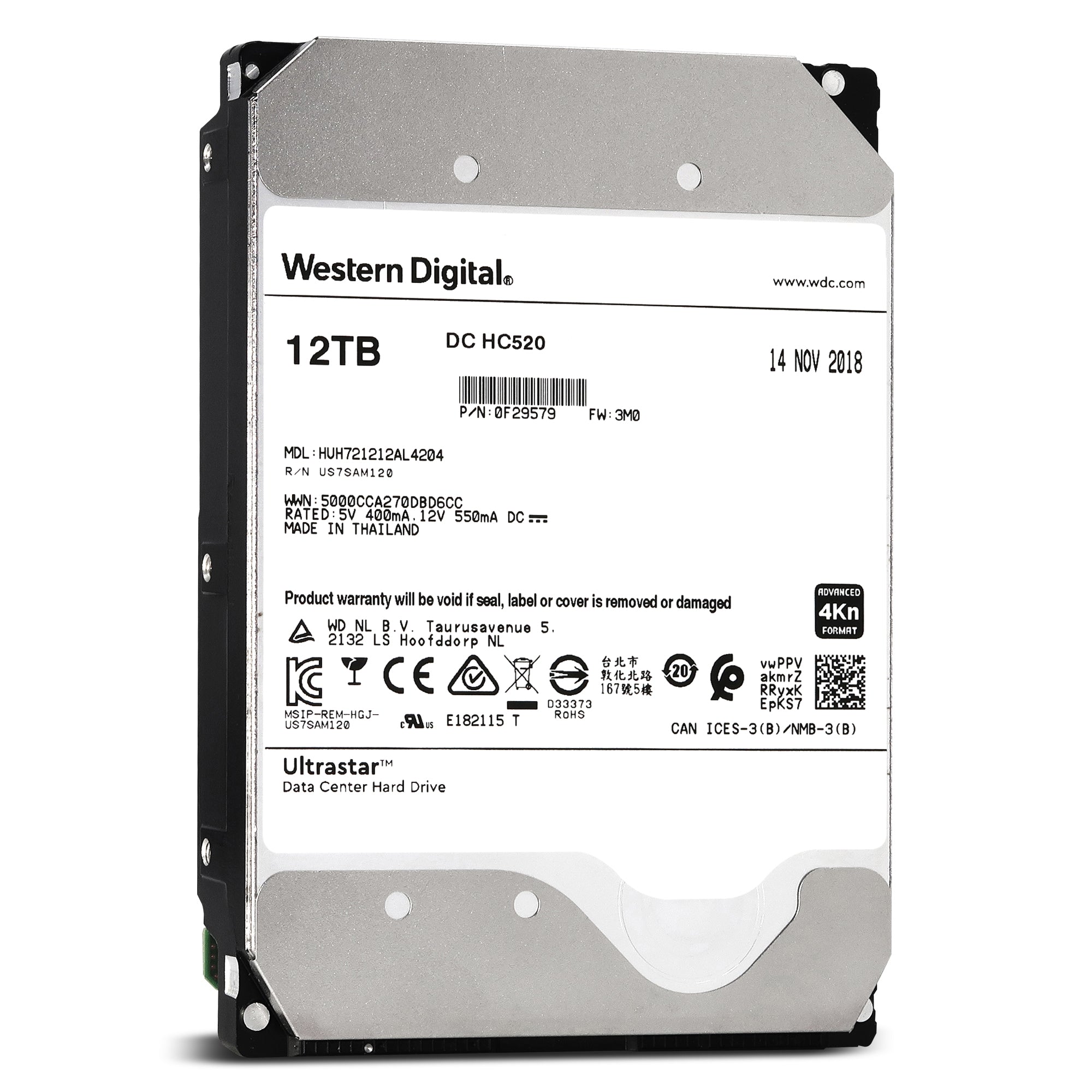 WD Ultrastar DC HC520 HUH721212AL4204 0F29579 12TB 7.2K RPM Single Port SAS 12Gb/s 4Kn 3.5in Hard Drive