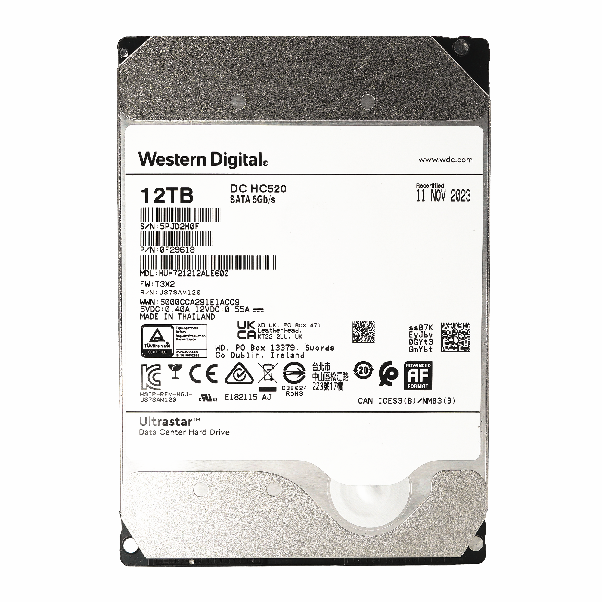 Western Digital Ultrastar DC HC520 HUH721212ALE600 0F29618 12TB 7.2K RPM SATA 6Gb/s 512e Power Disable 3.5in Refurbished HDD