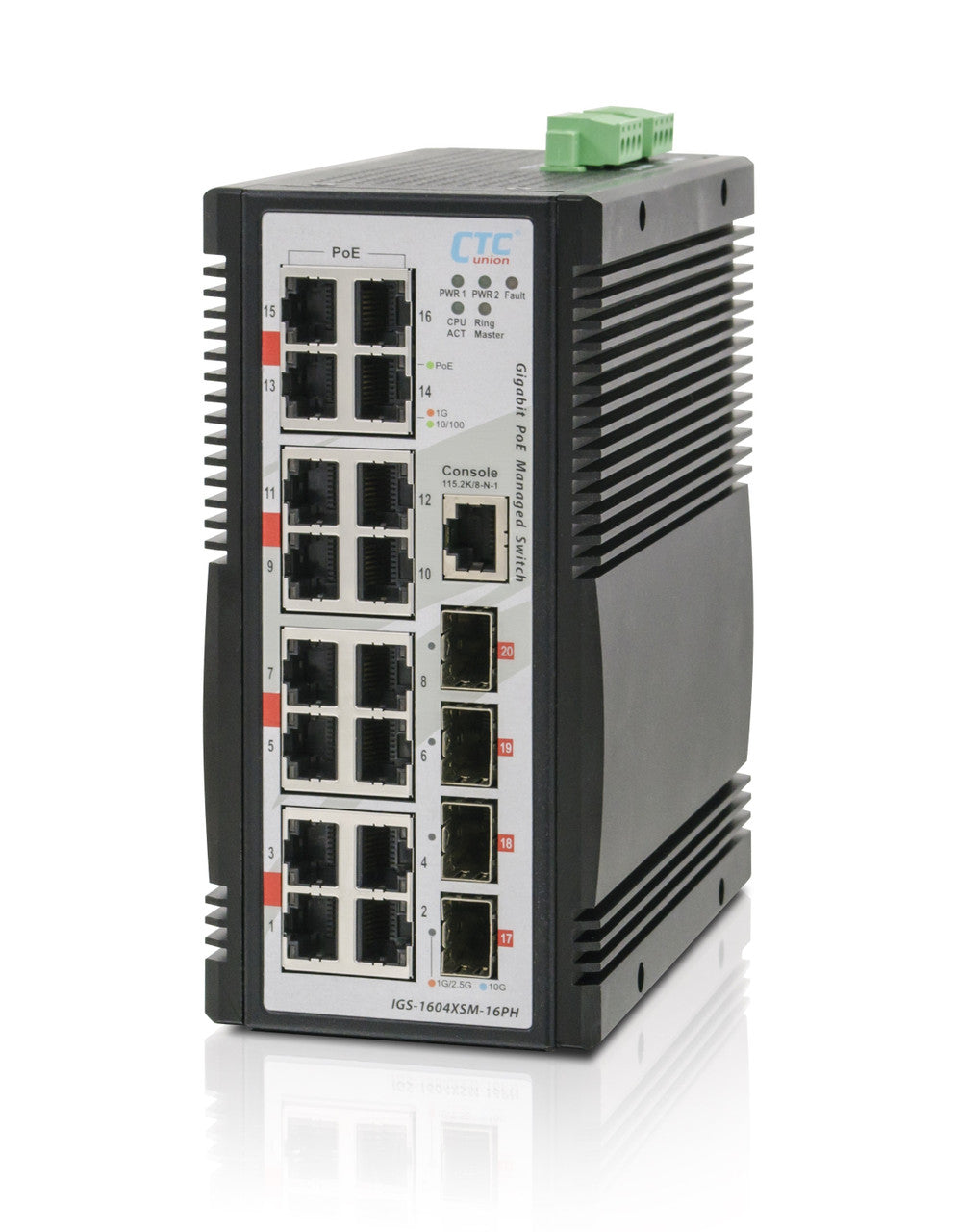 IGS-1604XSM-16PH - 16 copper + 4x 1G/2.5G/10G SFP+ port SNMP/web-managed Gigabit Ethernet Industrial switch, PoE 300W