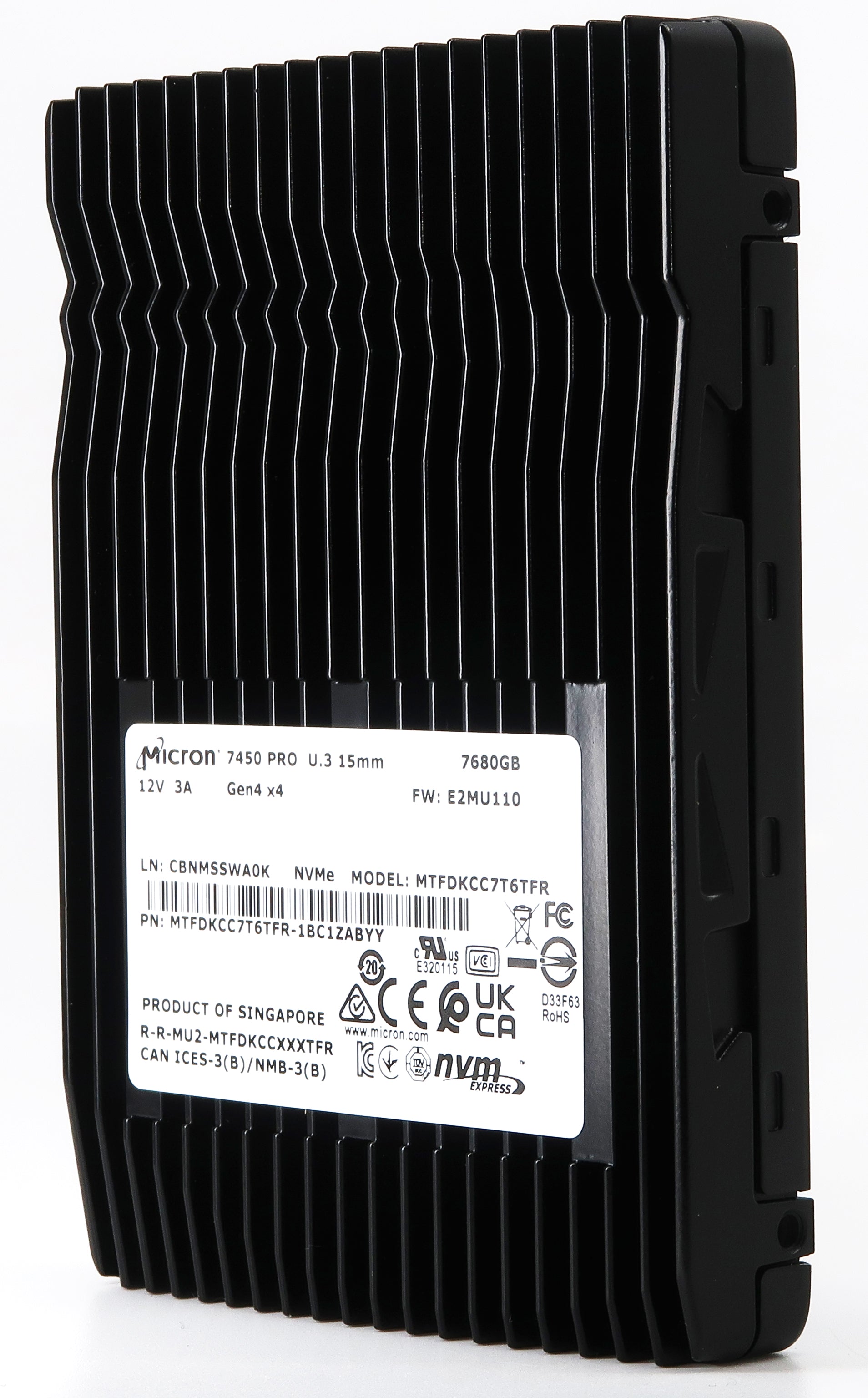 Micron 7450 Pro MTFDKCC7T6TFR 1BC1ZABYY 7.68TB PCIe Gen 4.0 x4 8GB/s U.3 NVMe 2.5in Refurbished SSD