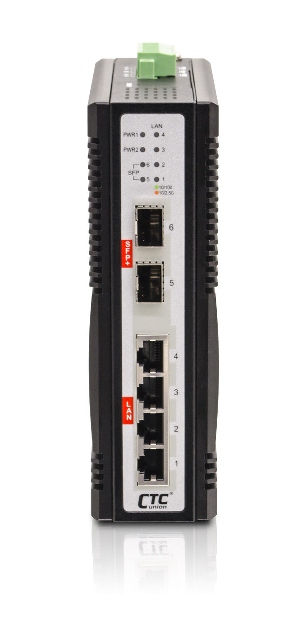 IQS-402XSM-4PH - 4 copper + 2 SFP+ ports SNMP/web-managed 2.5G Ethernet Industrial switch with 10G uplinks, 4 PoE+ ports 120W budget, DIN rail mountable