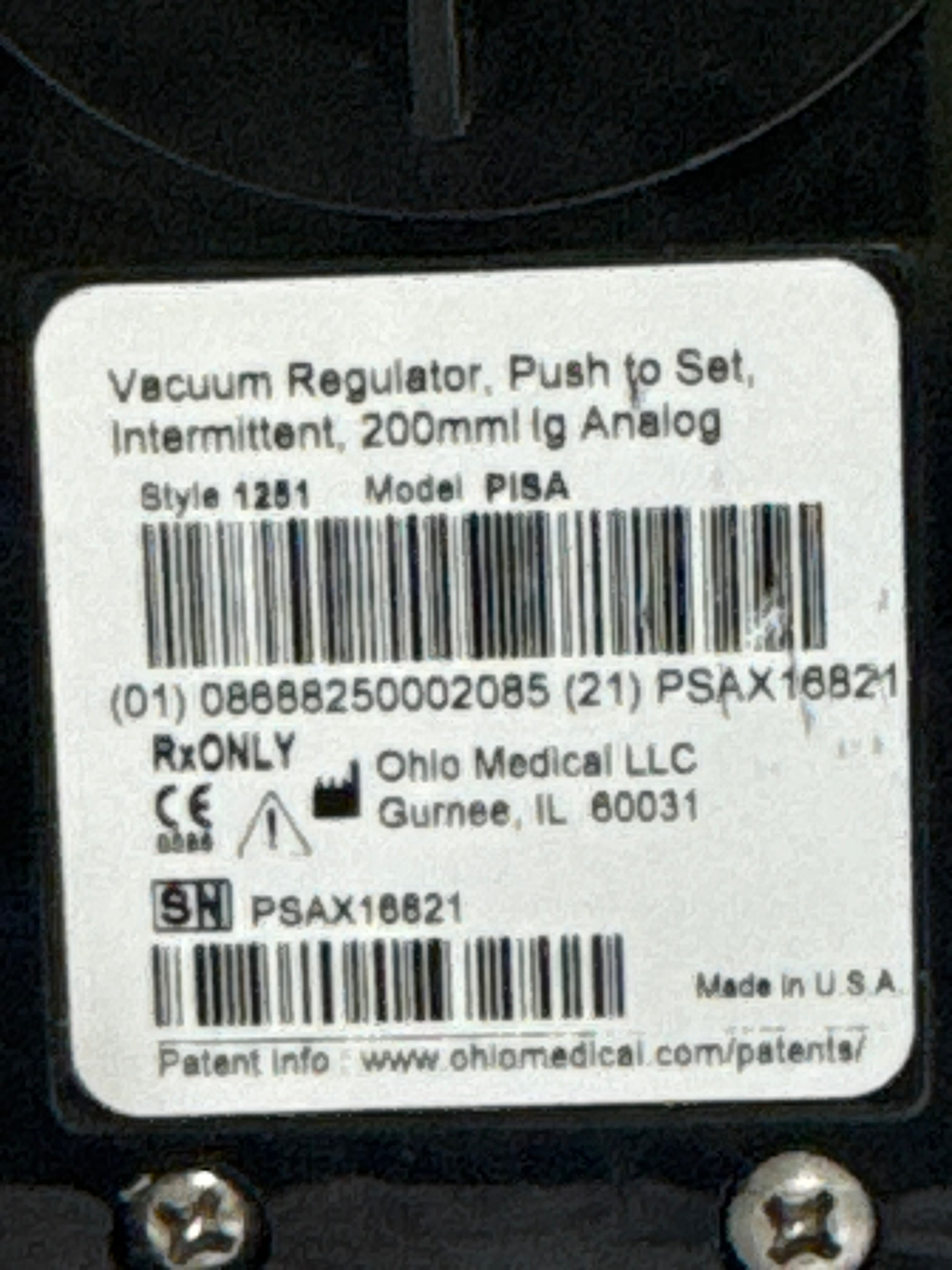 Ohio Medical Corporation Push to Set Vacuum Regulator