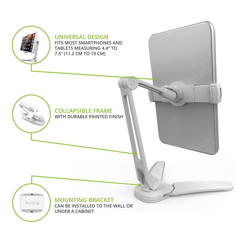 Kanto Universal Phone and Tablet Stand with Mounting Bracket / Folding Legs - White