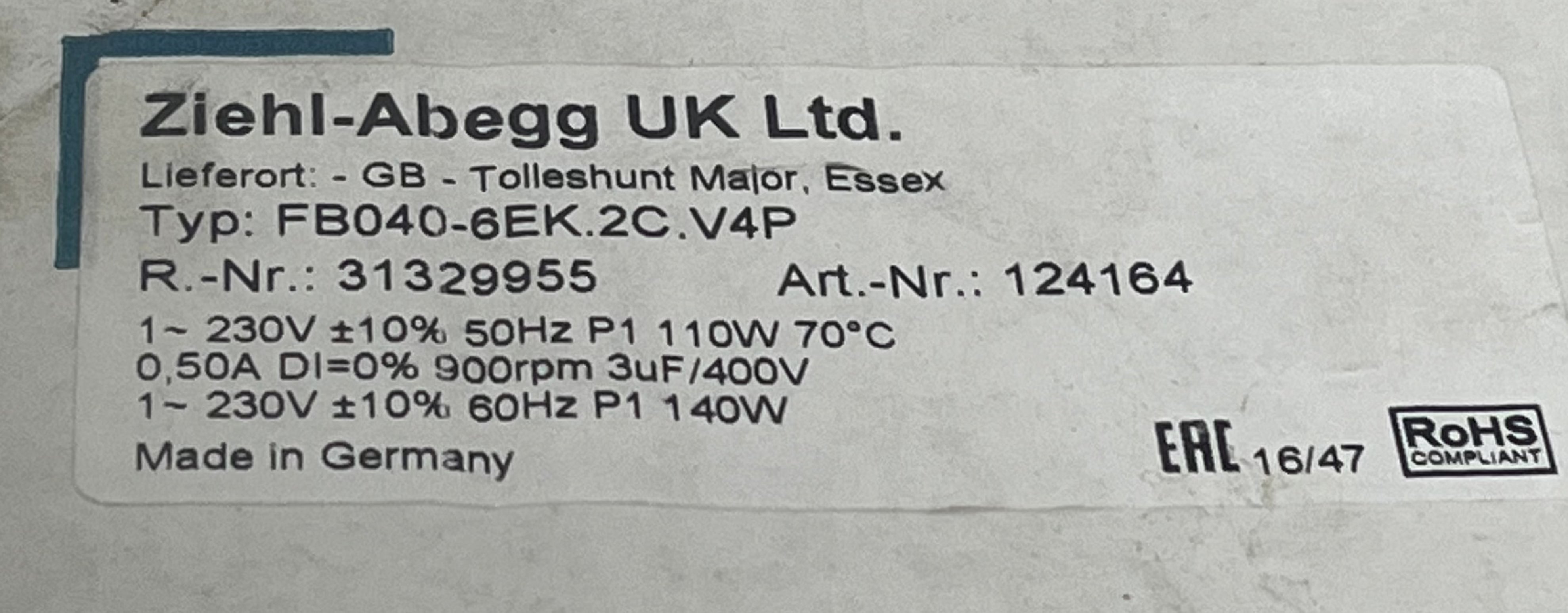 FB040-6EK.2C.V4P ZIEHL-ABEGG Axial Fan 230V 0.2kW 0.94A 1410rpm