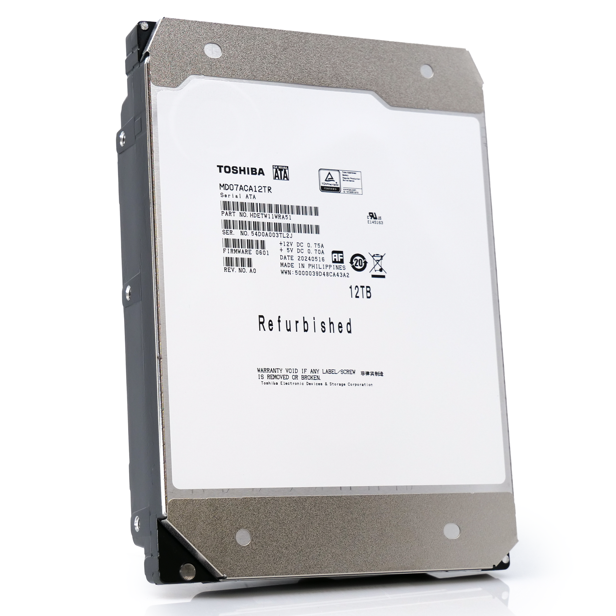 Toshiba MD07 MD07ACA12TR 12TB 7.2K RPM SATA 6Gb/s 512e Desktop 3.5in Recertified Hard Drive
