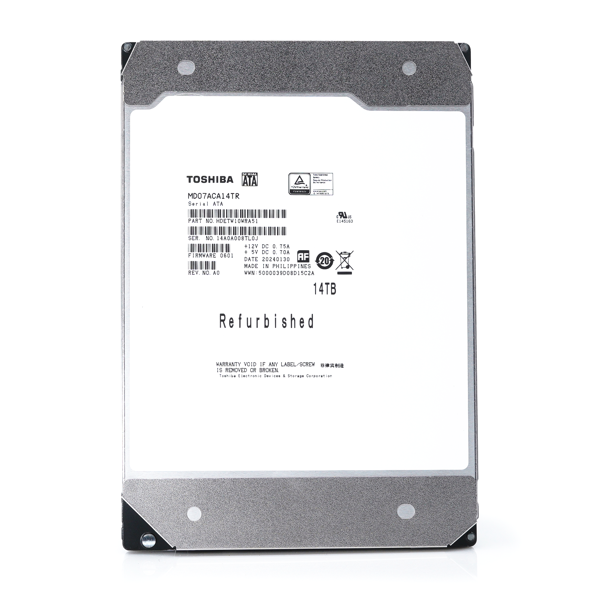 Toshiba MD07ACA MD07ACA14TR 14TB 7.2K RPM SATA 6Gb/s 512e Desktop 3.5in Recertified Hard Drive