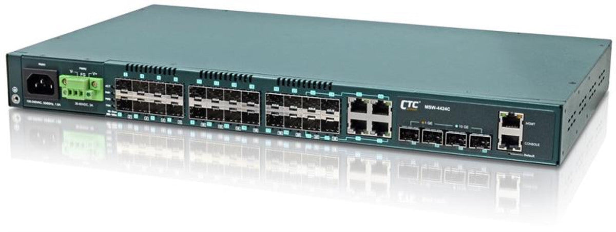 MSW-4424C-DD - Gigabit Ethernet 24 SFP ports with 4 10G SFP+ ports, Layer 2 managed switch, dual redundant DC48 power, rack 19"