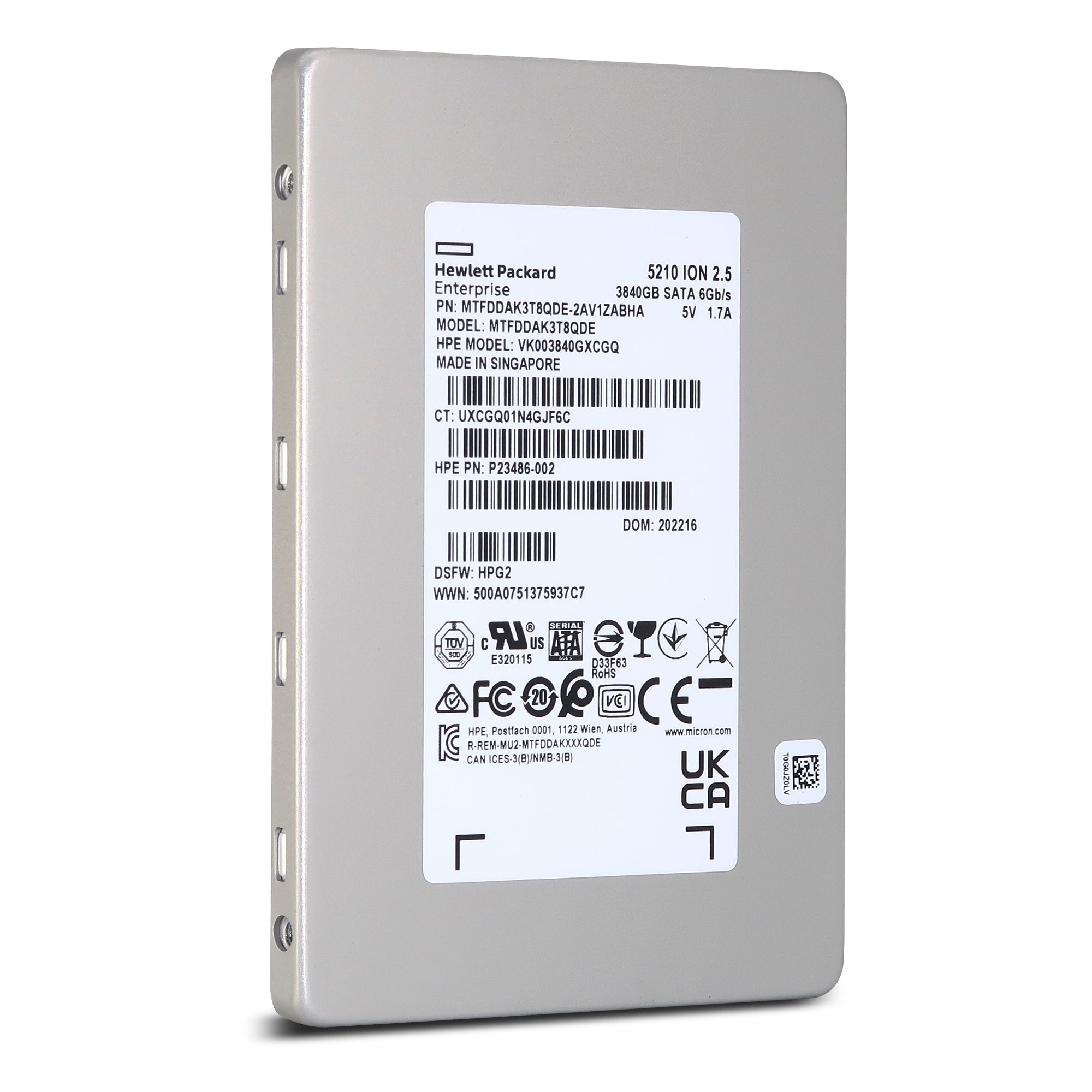 HP / Micron 5210 ION MTFDDAK3T8QDE P23486-002 3.84TB SATA 6Gb/s QLC 2.5in Solid State Drive