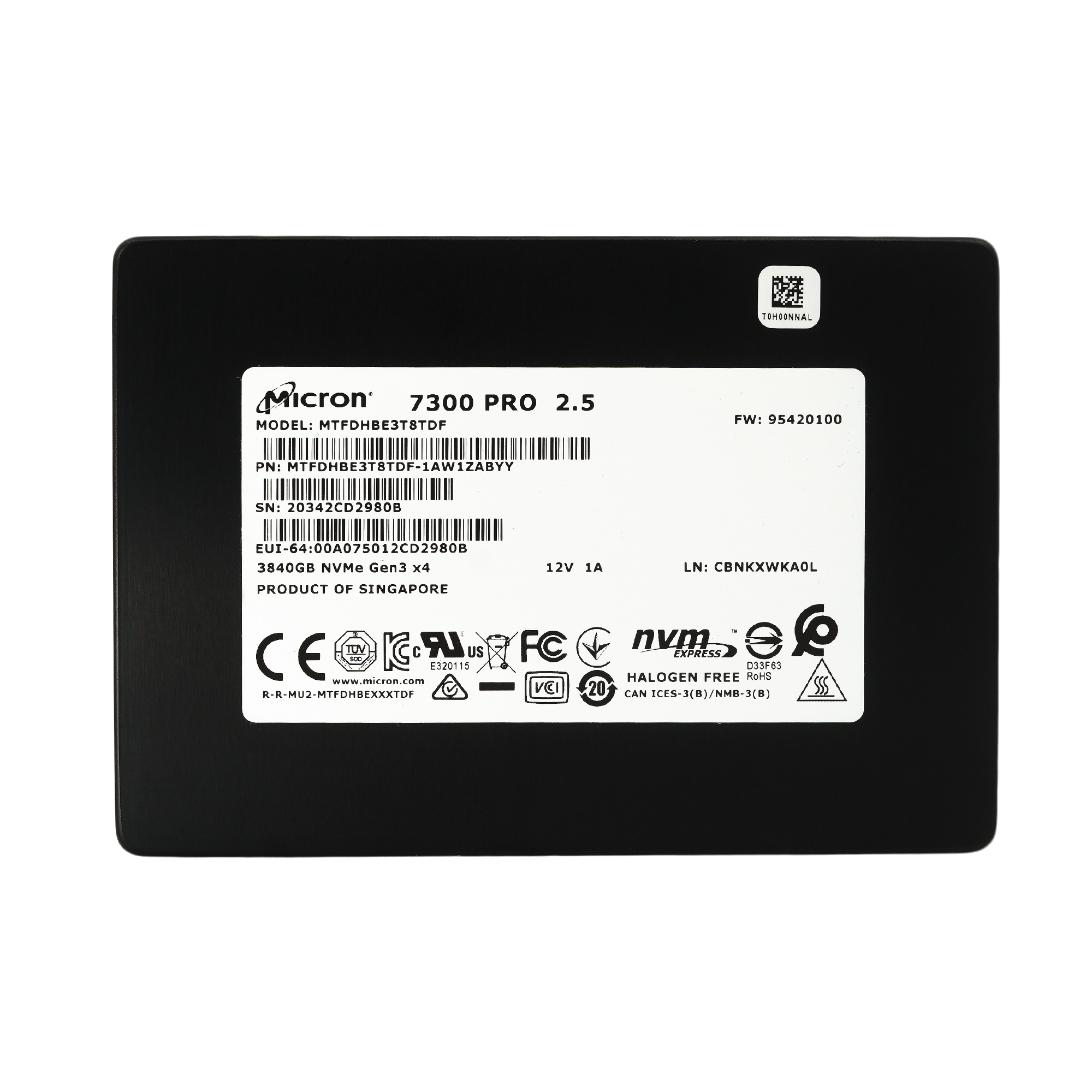 Micron 7300 Pro MTFDHBE3T8TDF-1AW1ZABYY 3.84TB PCIe Gen 3.0 x4 4GB/s 3D TLC U.2 2.5in Solid State Drive