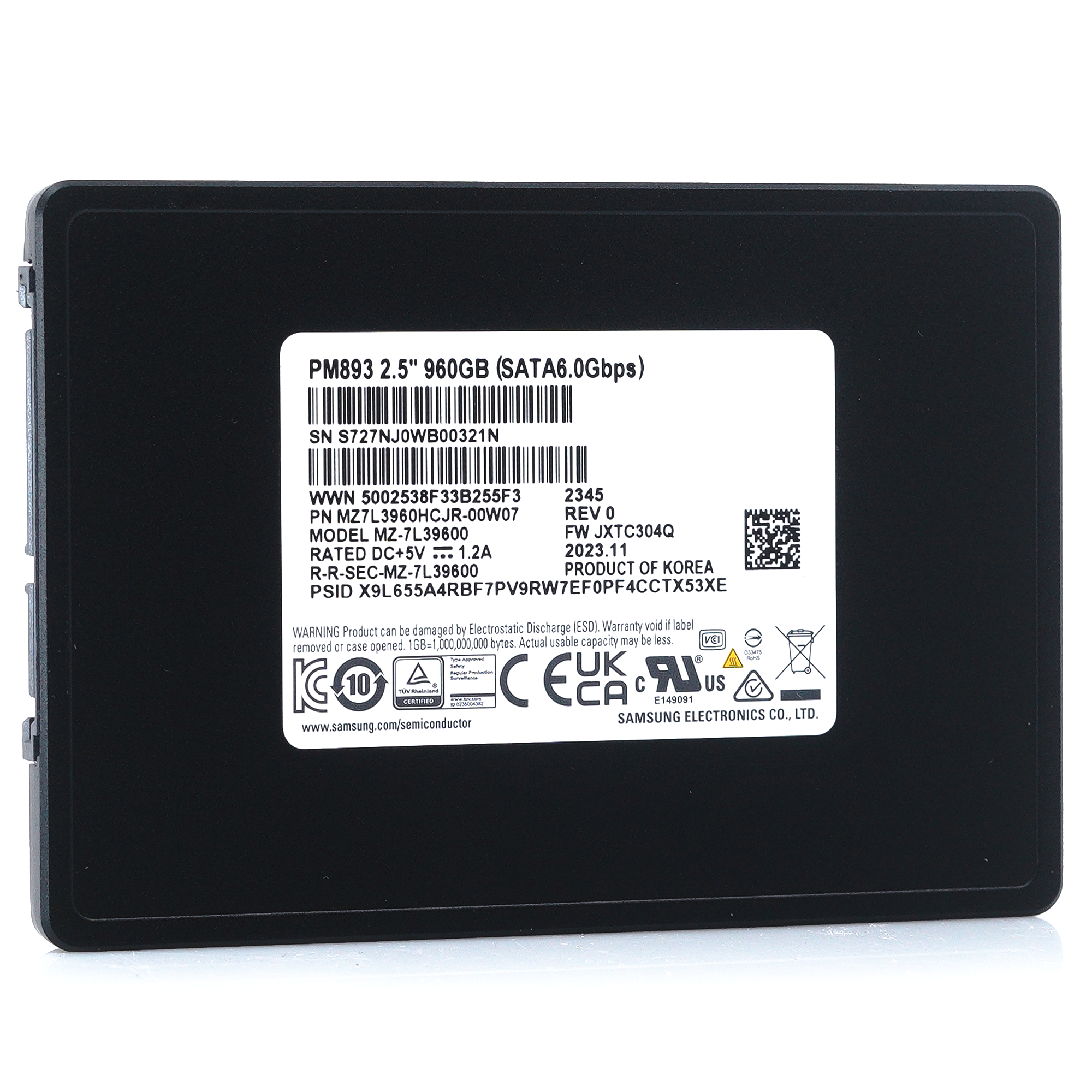 Samsung PM893 MZ-7L39600 MZ7L3960HCJR-00A07 960GB SATA 6Gb/s 2.5in Recertified Solid State Drive