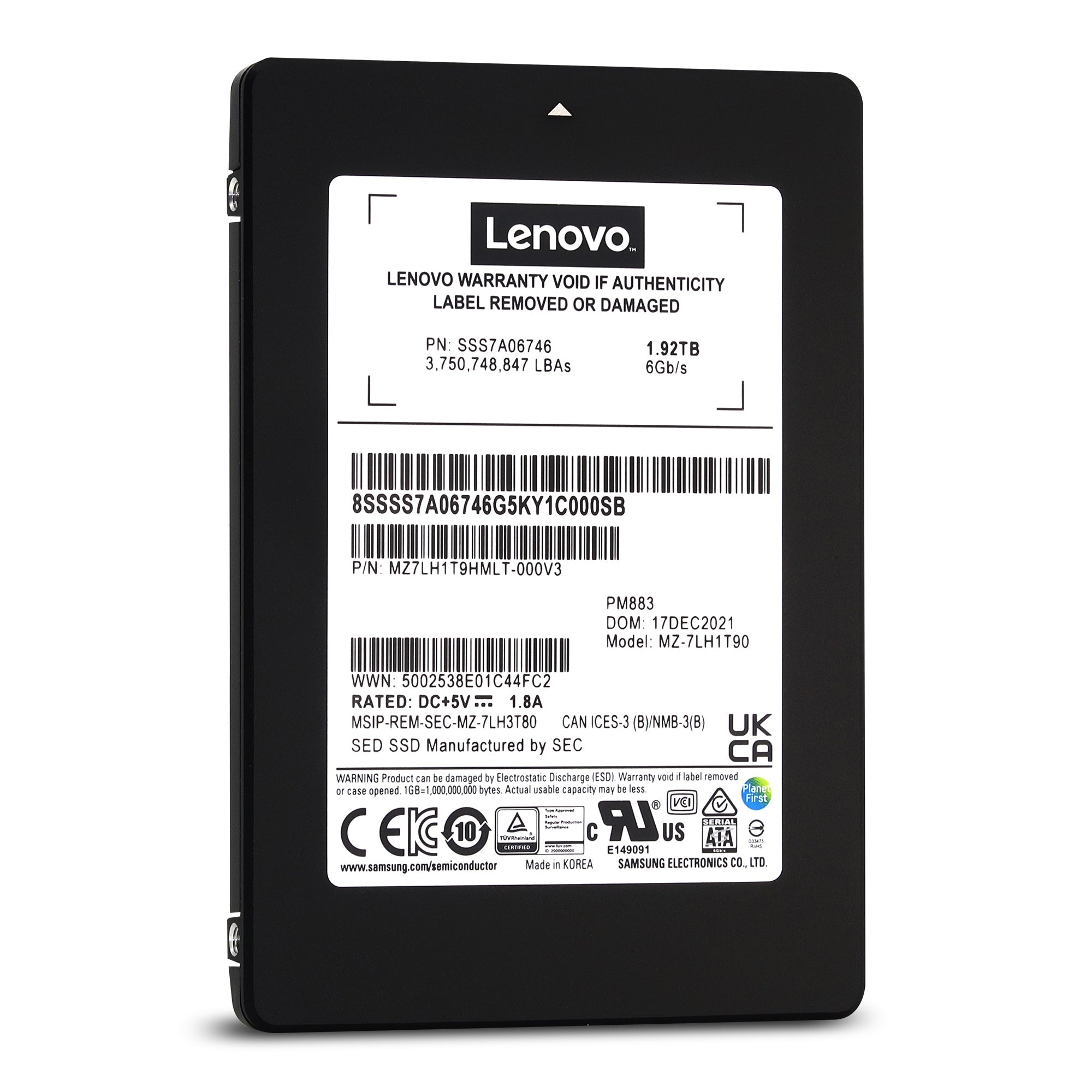 Lenovo / Samsung PM883 MZ7LH1T9HMLT SSS7A06746 1.92TB SATA 6Gb/s 3D TLC 1.3DWPD 2.5in Solid State Drive