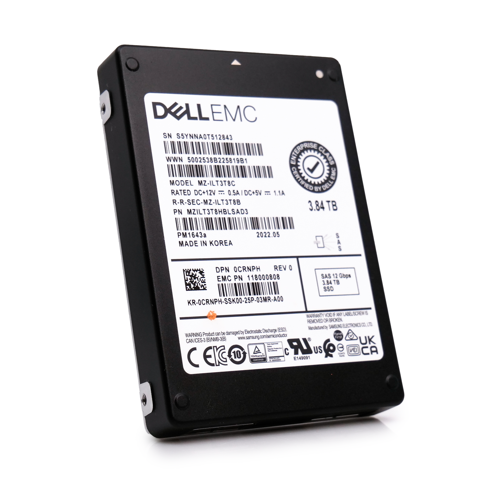 Dell/Samsung PM1643a MZILT3T8HBLSAD3 0CRNPH 3.84TB 1 DWPD SAS 12Gb/s 512e 2.5in Enterprise Solid State Drive