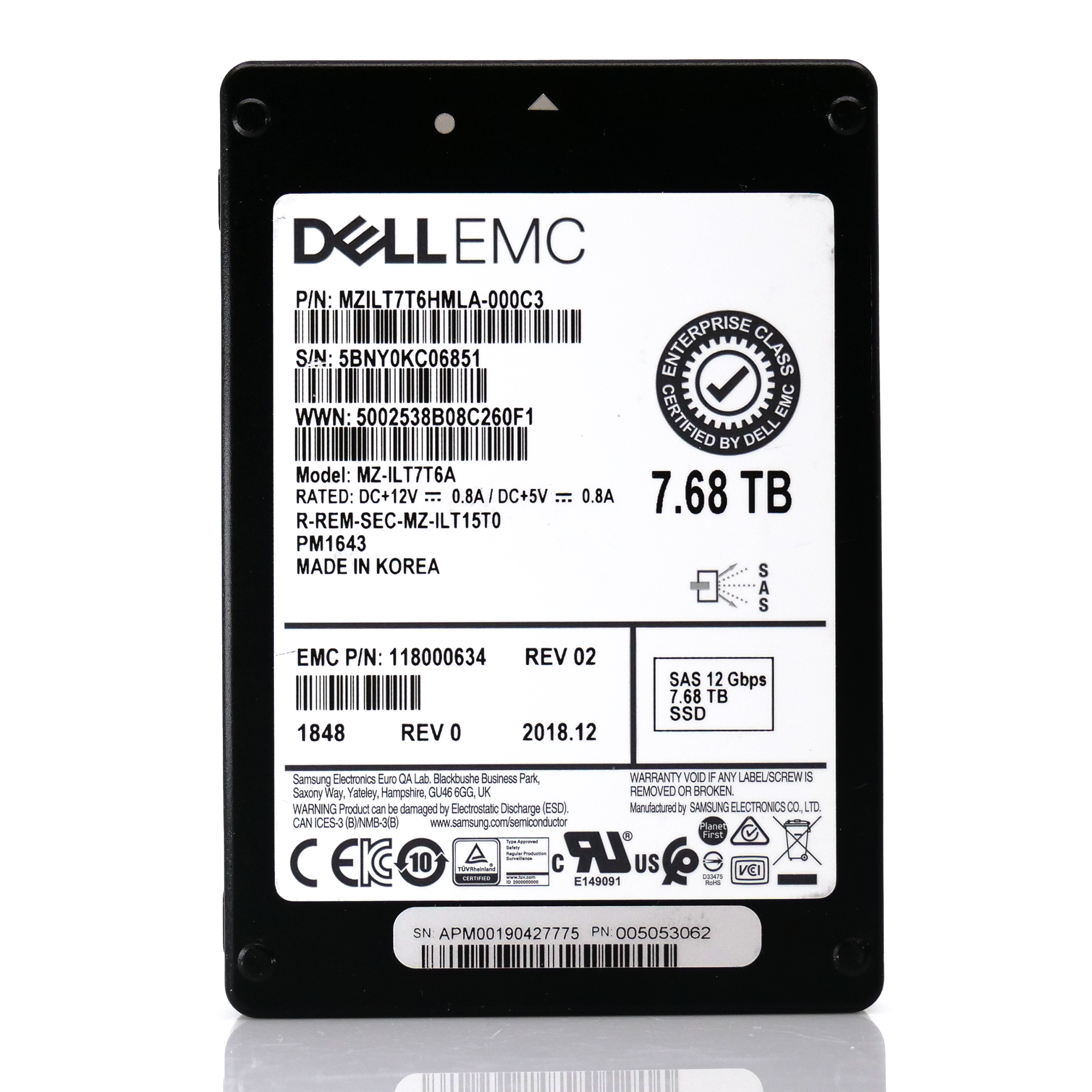 Samsung / Dell PM1643 MZILT7T6HMLA MZ-ILT7T6A 7.68TB SAS 12Gb/s 512e 1DWPD 2.5in Solid State Drive