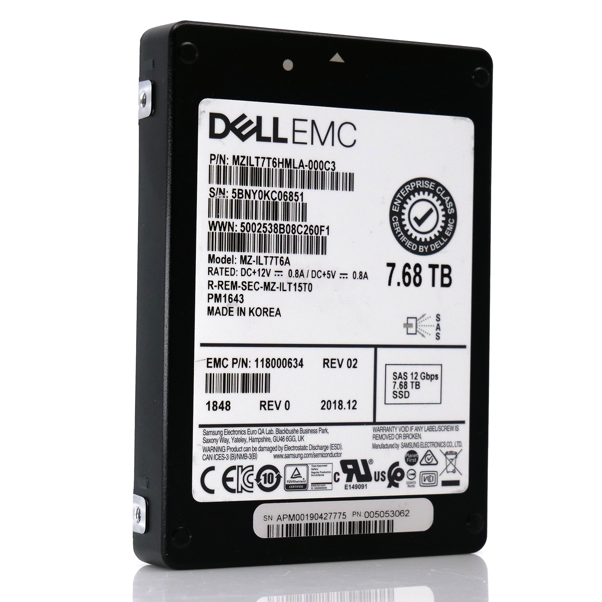 Dell/Samsung PM1643 MZILT7T6HMLA MZ-ILT7T6A 7.68TB SAS 12Gb/s 512e 1 DWPD 2.5in Refurbished SSD