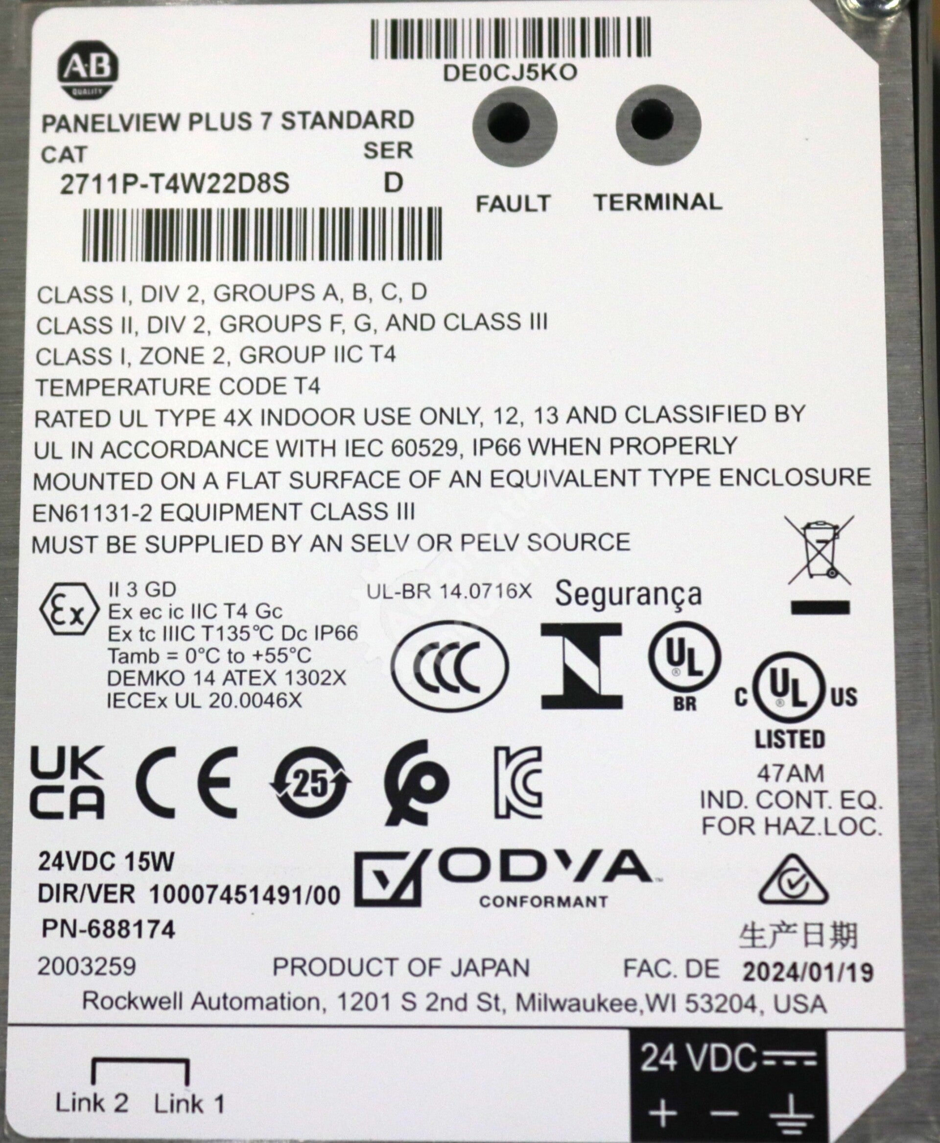 2711P-T4W22D8S By Allen Bradley 24VDC 4.3In LCD Touch Screen Panel NSFP