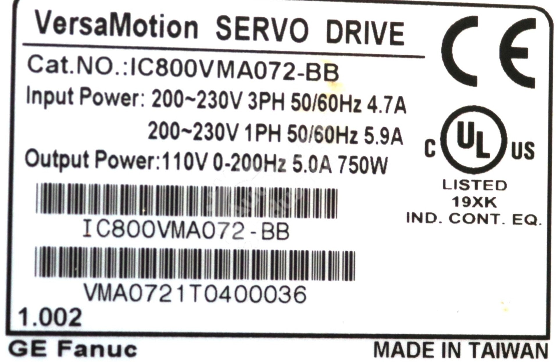 IC800VMA072 By General Electric IC800VMA072-BB Versa Motion CB Servo Drive NSFP