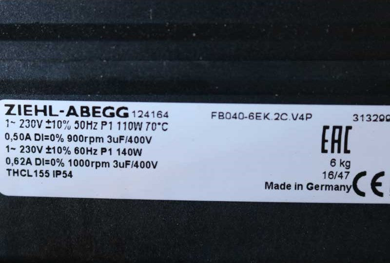 FB040-6EK.2C.V4P ZIEHL-ABEGG Axial Fan 230V 0.2kW 0.94A 1410rpm